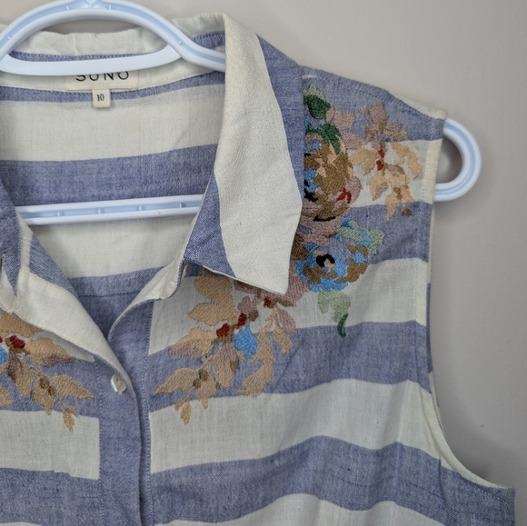 SUNO Blue Striped Floral Embroidered Sleeveless Long Midi Dress w/ Pockets 10 - Picture 7 of 11